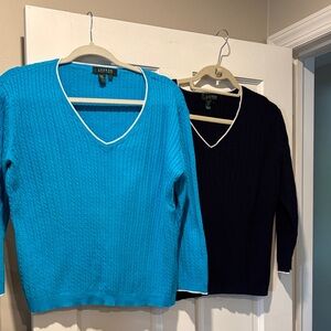 2 Lauren by Ralph Lauren Women's V-Neck Sweaters- Turquoise and Navy
